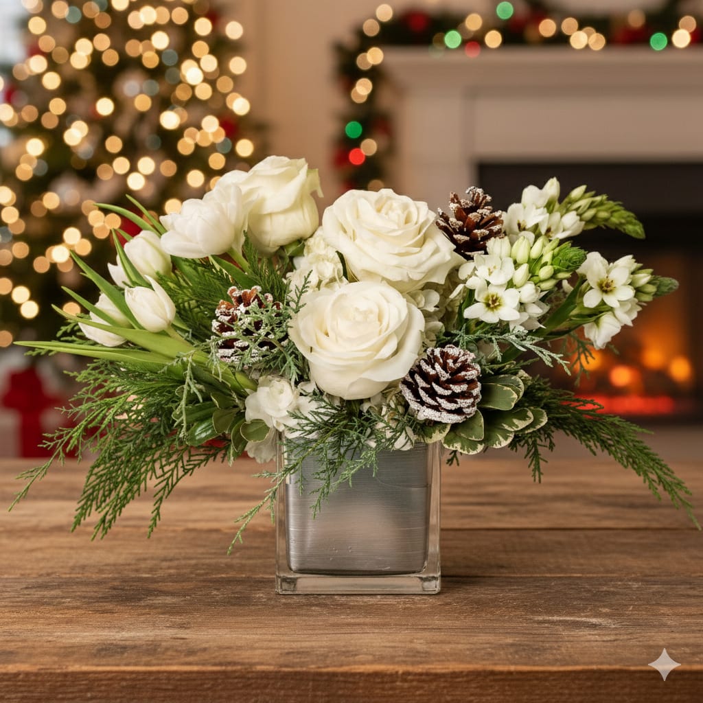 Tranquility - Need a quiet spot to reflect? Tranquil will transport you there. White roses and hydrangeas are beautiful arranged in a square cube in this elegant arrangement.