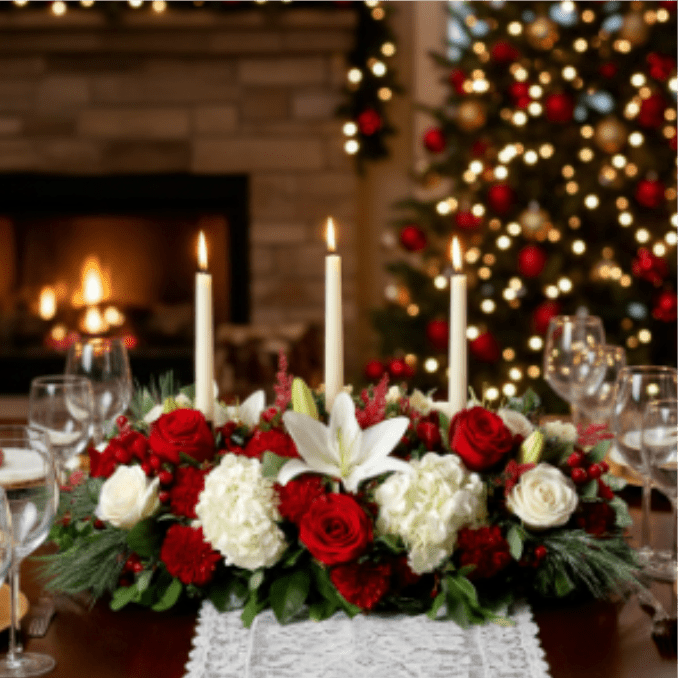 Christmas Candlelight Classic - Create a timeless holiday ambiance with our Christmas Candlelight Classic. Three elegant taper candles are nestled among white lilies, lush red roses, white hydrangea, and cheerful red carnations, accented with seasonal greenery and winter textures. Perfect for the center of your celebration.