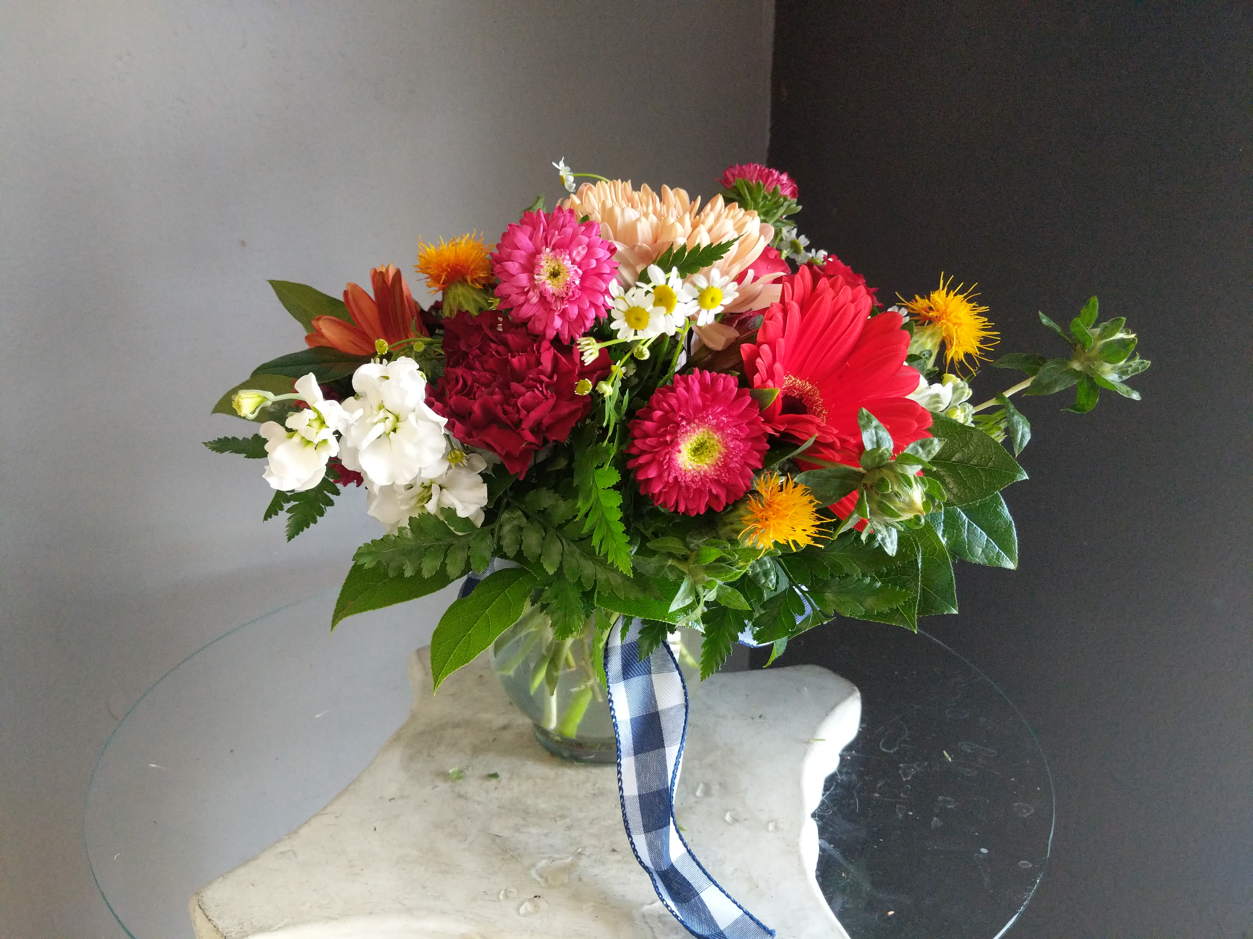 #114 Fall Floral Arrangement - A beautifully selected bunch of the freshest flowers in a vase uniquely arranged by hand. 