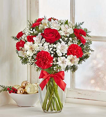 Fields Of Europe Christmas 98923S - Capturing the colorful charm of the European countryside, our best-selling holiday bouquet will bring you closer to the people you love. Fresh-picked red &amp; white blooms are hand-arranged in a glass vase tied with festive red ribbon. It’s a gift that reveals the rustic beauty of the season, while delivering your warmest wishes.