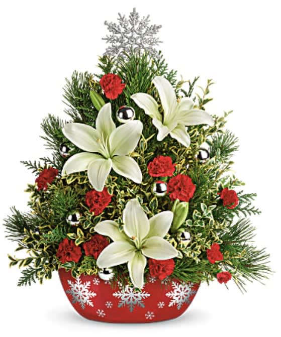 Shimmering snowflake  - Beautifully arranged in a pretty-meets-practical, hand-glazed ceramic serving dish, this tree-inspired arrangement shimmers with silver snowflakes!