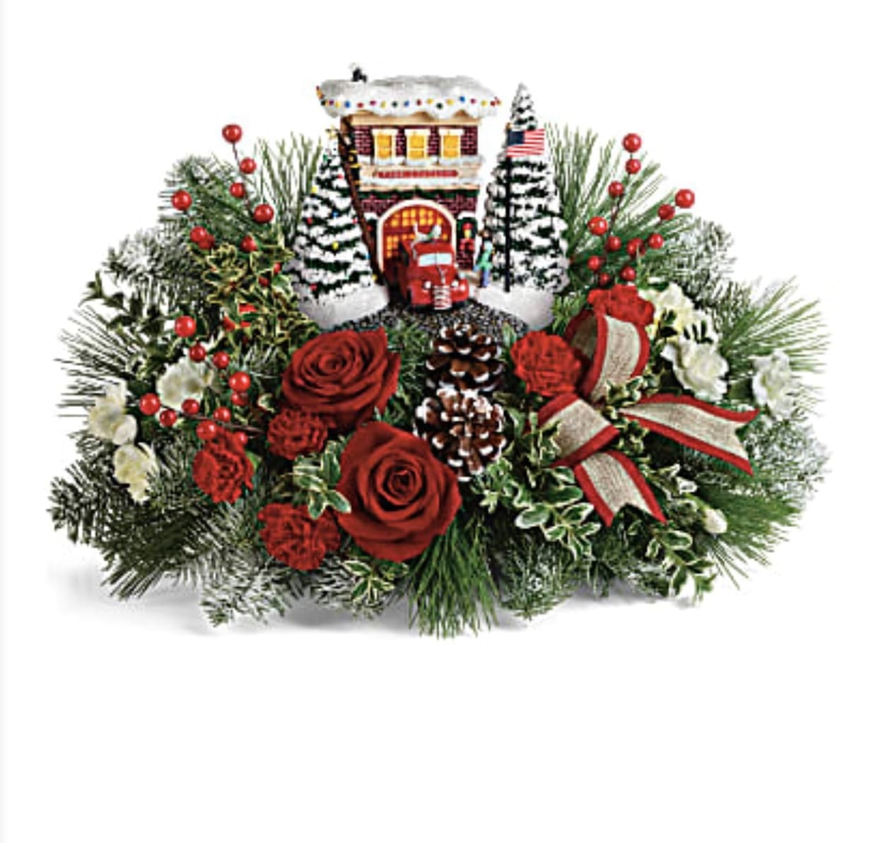 Thomas Kinkade’s festive station  -  Holly ,red mini carnation,red roses , pine