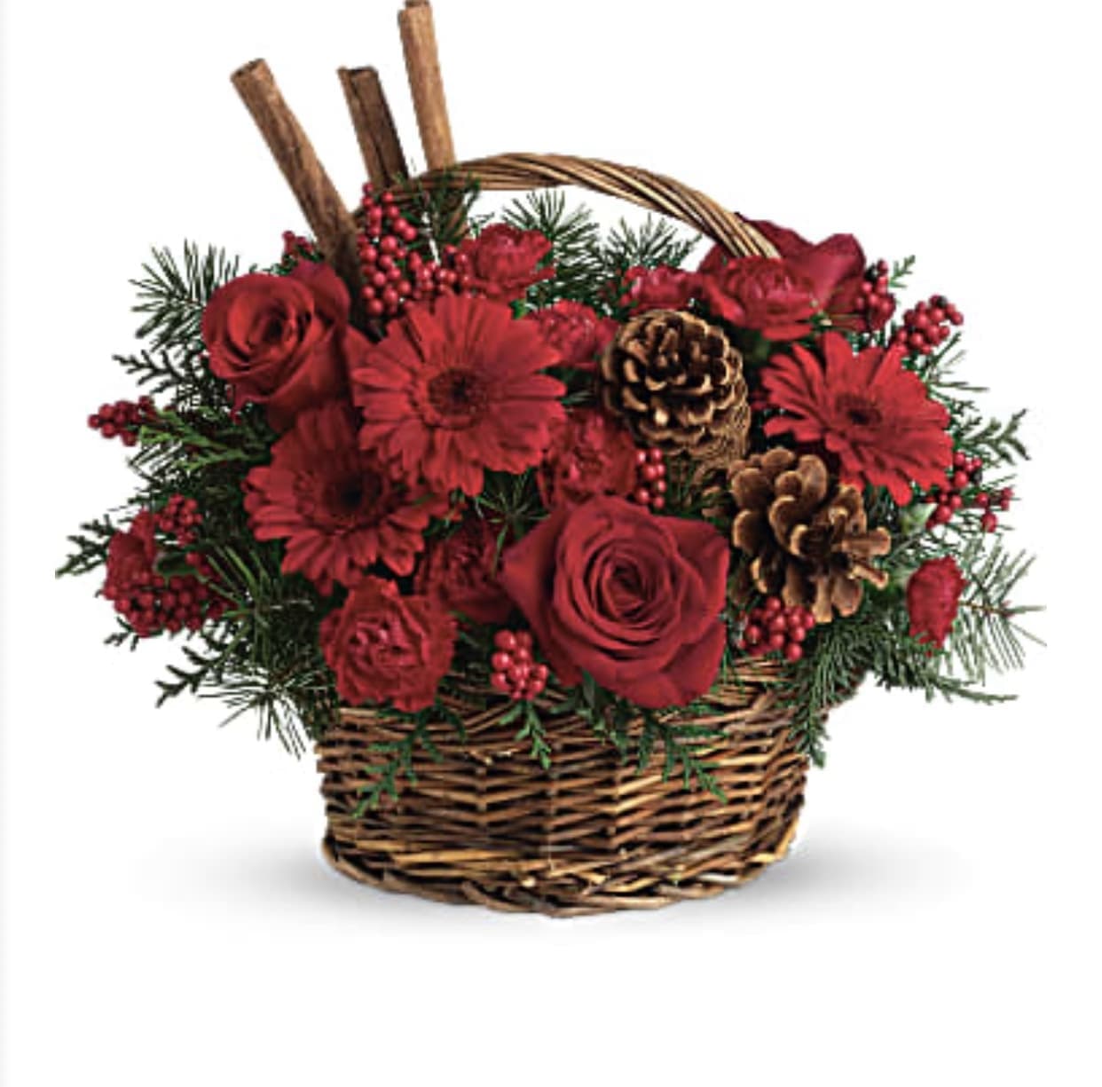 Willow basket  - Pine, red roses ,red mini carnation and red carnation