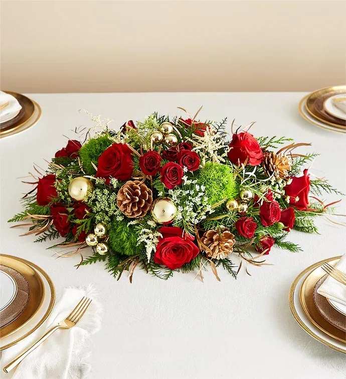 Perfect christmas centerpiece  - Roses, dianthus, spray roses, assorted cristmas greens