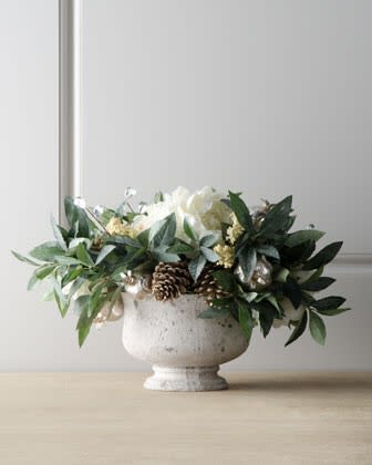 Favorite Things - This is on Jolene's &quot;Favorite Things&quot; list for Christmas this year. Gorgeous keepsake stone vessel with mixed greens white hydrangea silver balls and pine cones. Modern flair for any table.
