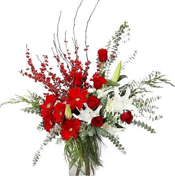 Christmas in Granbury - Fresh Flowers Granbury Tx ....Christmas in Granbury includes Red Ilex Berries , Red Gerbera, white lilies, Eucalyptus etc 