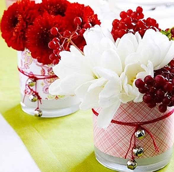 Candy Cane Delight ~ - 1 Round cylinder vase with Christmas trim and bells filled with beautiful seasonal Christmas blooms!!~ 