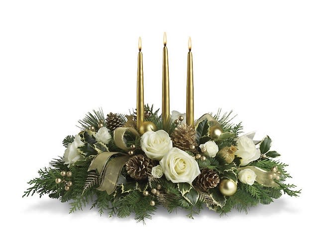 Golden Centerpiece - Gold candles, white roses, pinecones, gold ribbon nestled in Christmas greens and accented with small gold berries and balls!!~ 