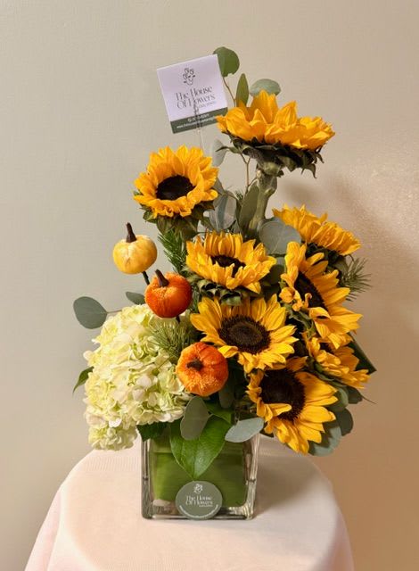 Autumn flowers by The House of Flowers - Brighten up your fall with dazzling sunflowers accompanied by white hydrangeas and a special touch of artificial pumpkins. The arrangement is presented on a ceramic pumpkin base.