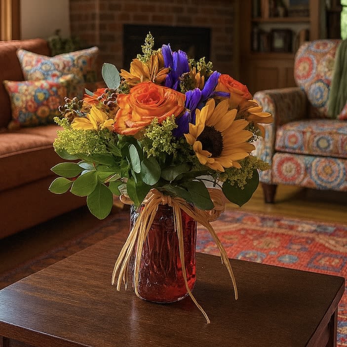 A Summer Kiss - A Summer Kiss – Brighten Their Day with Sunflowers, Roses &amp; Seasonal Blooms  Bring pure sunshine and happiness into any space with A Summer Kiss, a vibrant floral arrangement designed to warm hearts and lift spirits. This stunning bouquet features radiant golden sunflowers, lush orange roses, and a delightful mix of seasonal blooms, all artfully arranged in a charming mason jar vase. Perfect for birthdays, celebrations, thank-you gifts, or just because, its cheerful colors and fresh, summery vibe make it an unforgettable surprise for loved ones. Hand-crafted for maximum beauty, A Summer Kiss is the perfect way to send joy, love, and a splash of summer to someone special.