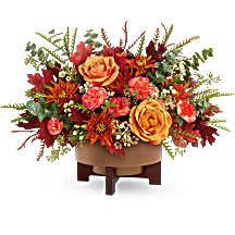 modern copper centerpiece - Teleflora's Modern Copper Centerpiece brings fall to life with rich seasonal blooms, artfully arranged in a sleek metal planter with a warm copper finish and modern wooden stand. A stunning gift or decor piece for Thanksgiving and autumn celebrations