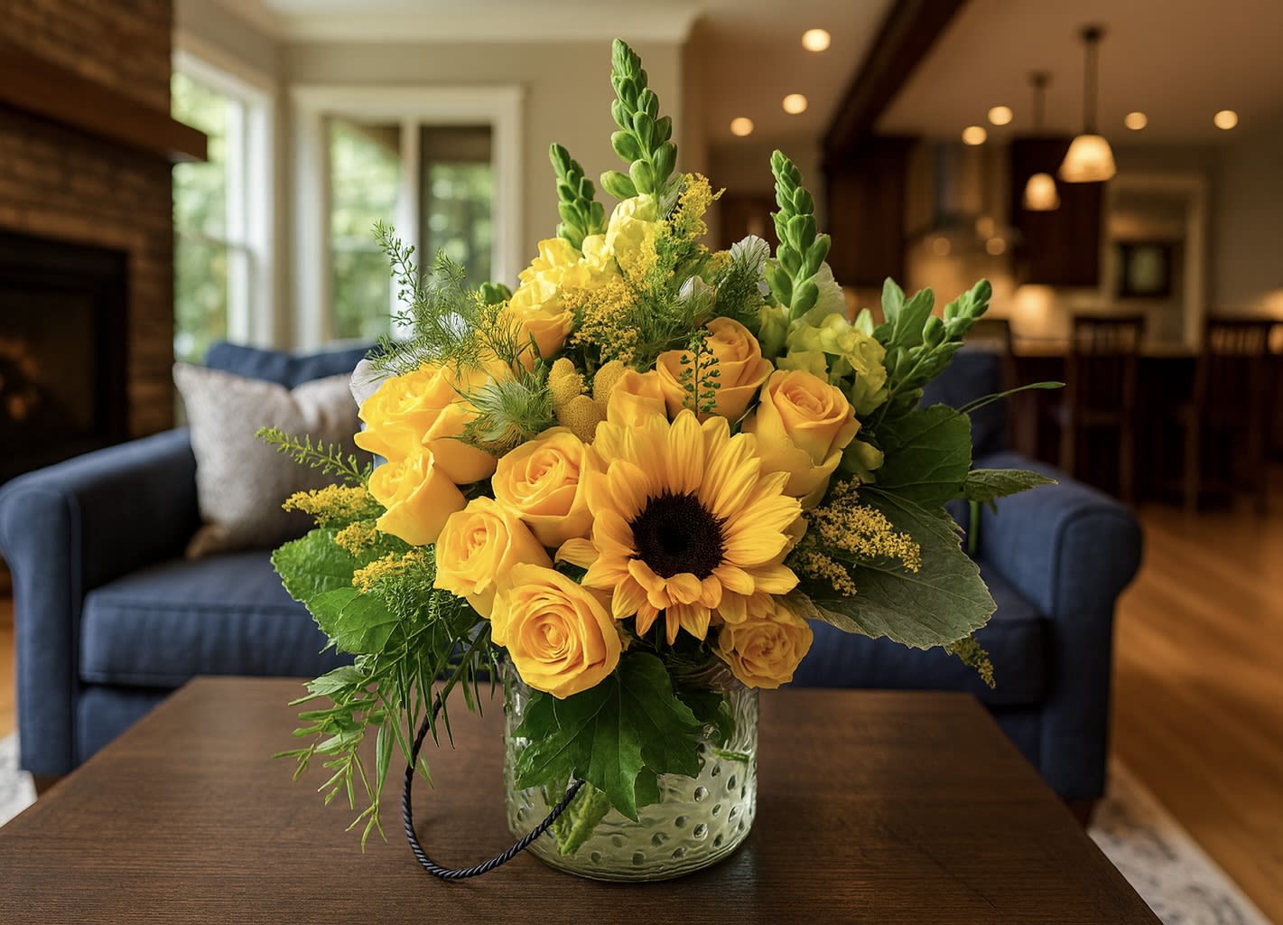 A Sweet-Smile - Brighten Someone’s Day with the Sweet Smile Bouquet – Send a burst of sunshine to a friend who’s feeling down or surprise a loved one just to show you care. This cheerful yellow flower arrangement is perfect for birthdays, get-well wishes, congratulations, or simply “thinking of you.” Presented in a stylish clear Ginger vase with a black handle, the bouquet features radiant yellow roses, charming yellow spray roses, vibrant yellow snapdragons, and a striking sunflower, all accented with lush fresh greenery. The Sweet Smile Bouquet is a heartfelt way to lift spirits and make any day brighter.
