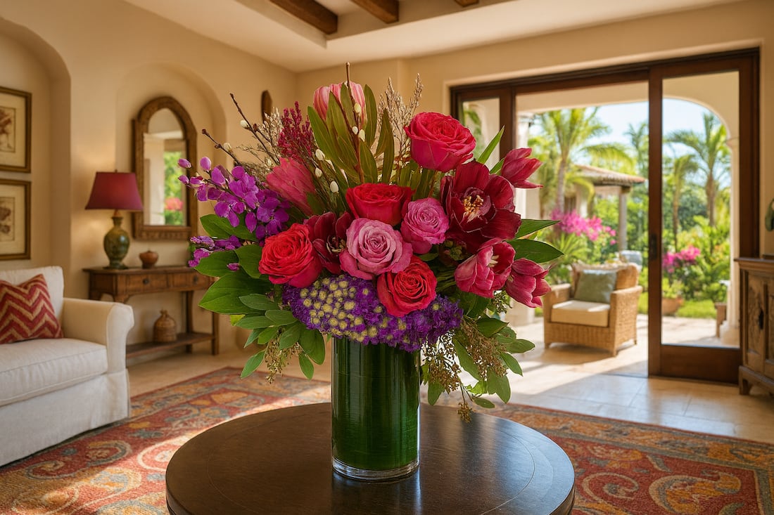 Bali - Bring a burst of color and elegance into any space with the Bali floral arrangement. Designed in a sleek clear cylinder vase, this vibrant bouquet adds beauty without distraction, making it the perfect choice for dining tables, entryways, or office décor. Ideal as a stunning centerpiece for weddings, parties, or holiday gatherings, the Bali arrangement also shines as an everyday accent that elevates your home. With its carefully selected long-lasting blooms and timeless design, this arrangement is created with love to bring joy and style for seasons to come.
