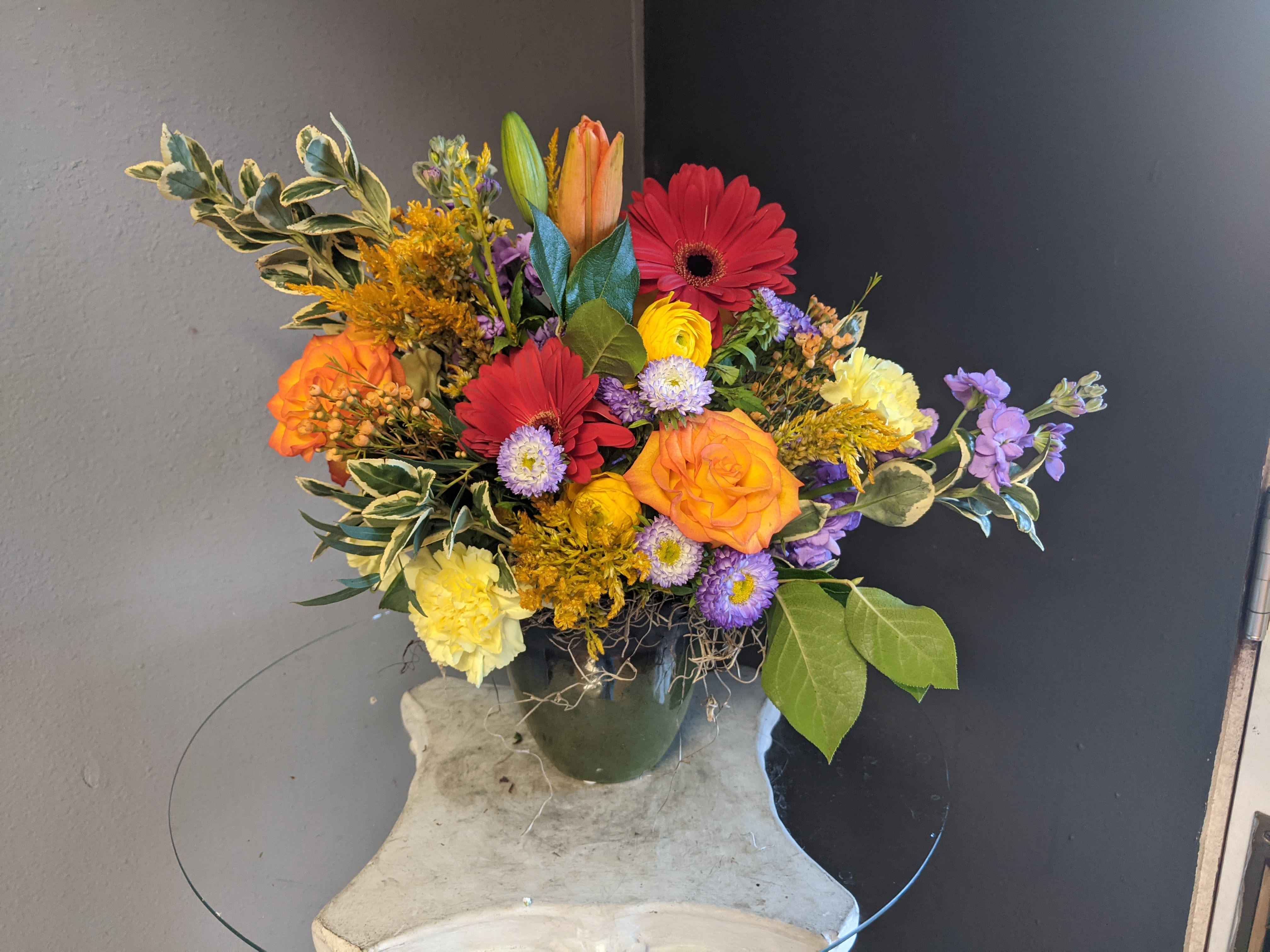 #117 Fall Floral Arrangement - A beautifully selected bunch of the freshest flowers in a vase uniquely arranged by hand.