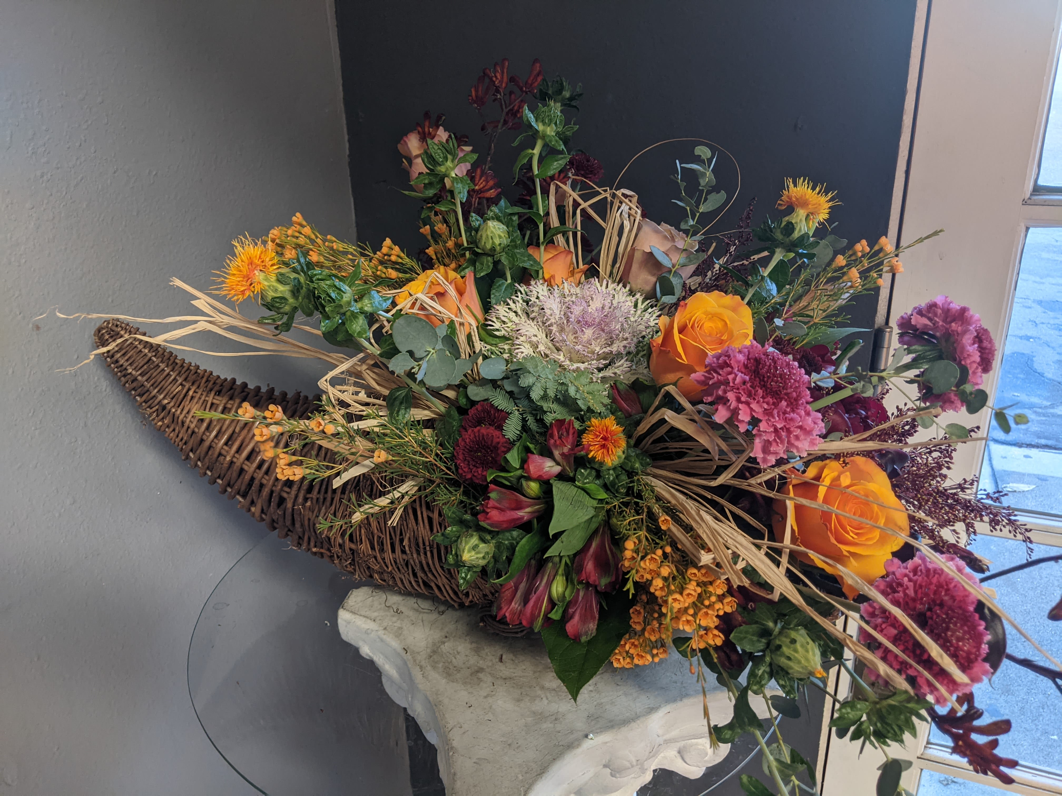 #160 Fall Floral Arrangement - A beautifully selected bunch of the freshest flowers in a vase uniquely arranged by hand.