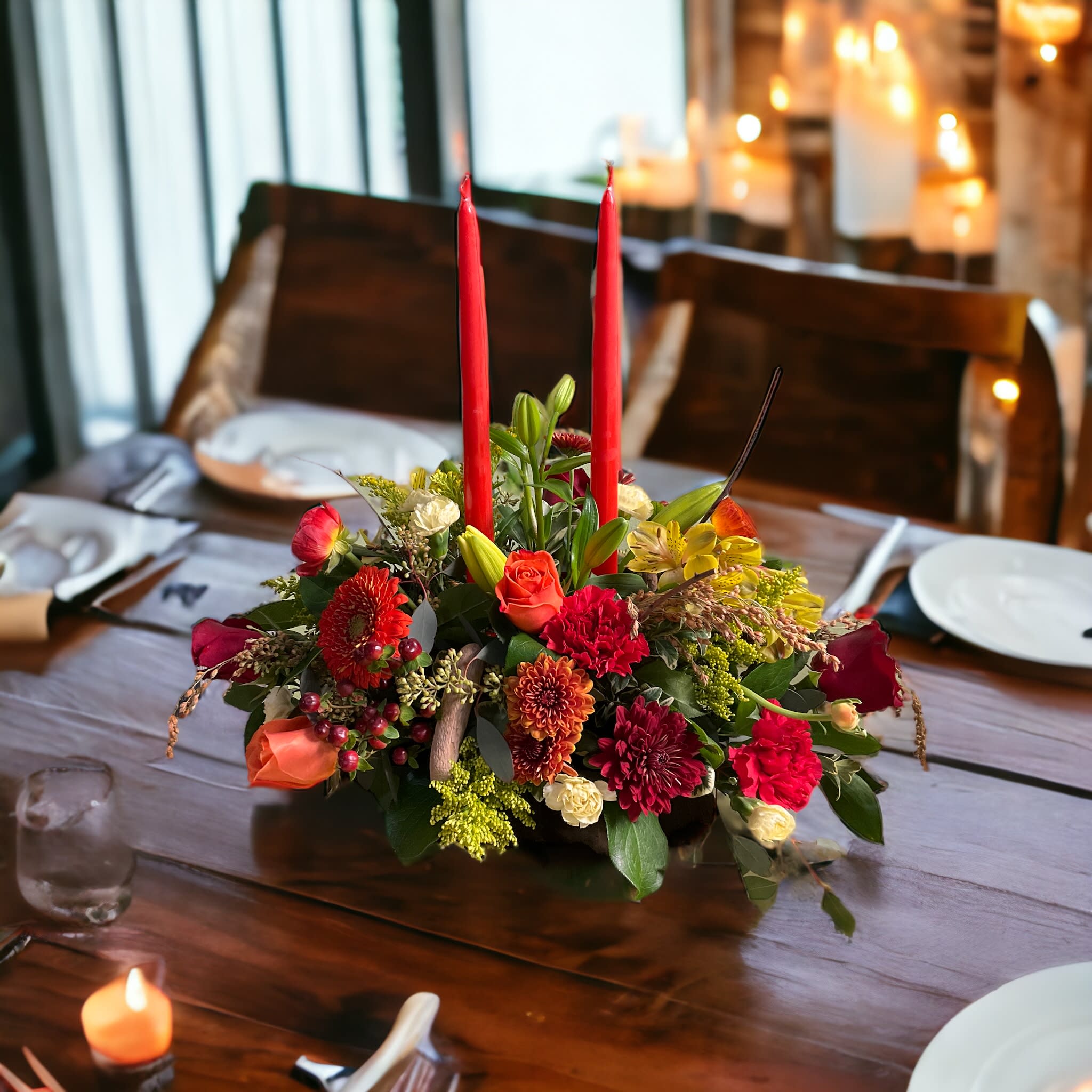 Autumn Abundance centerpiece - A glorious array of seasonal Autumn flowers to be the headliner on your Thanksgiving table!