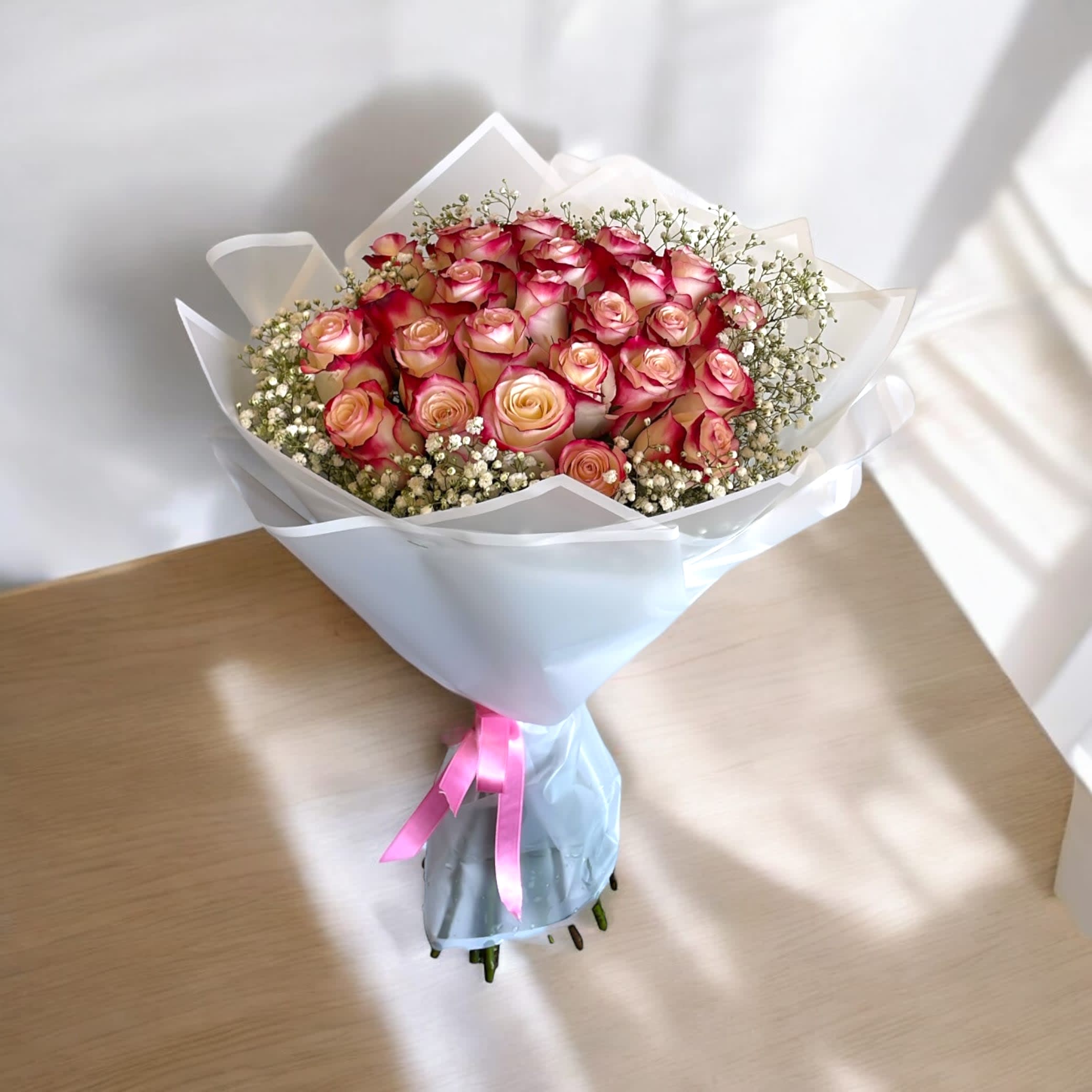  Pink Tipped Roses  - 25 Roses with baby's-breath. 