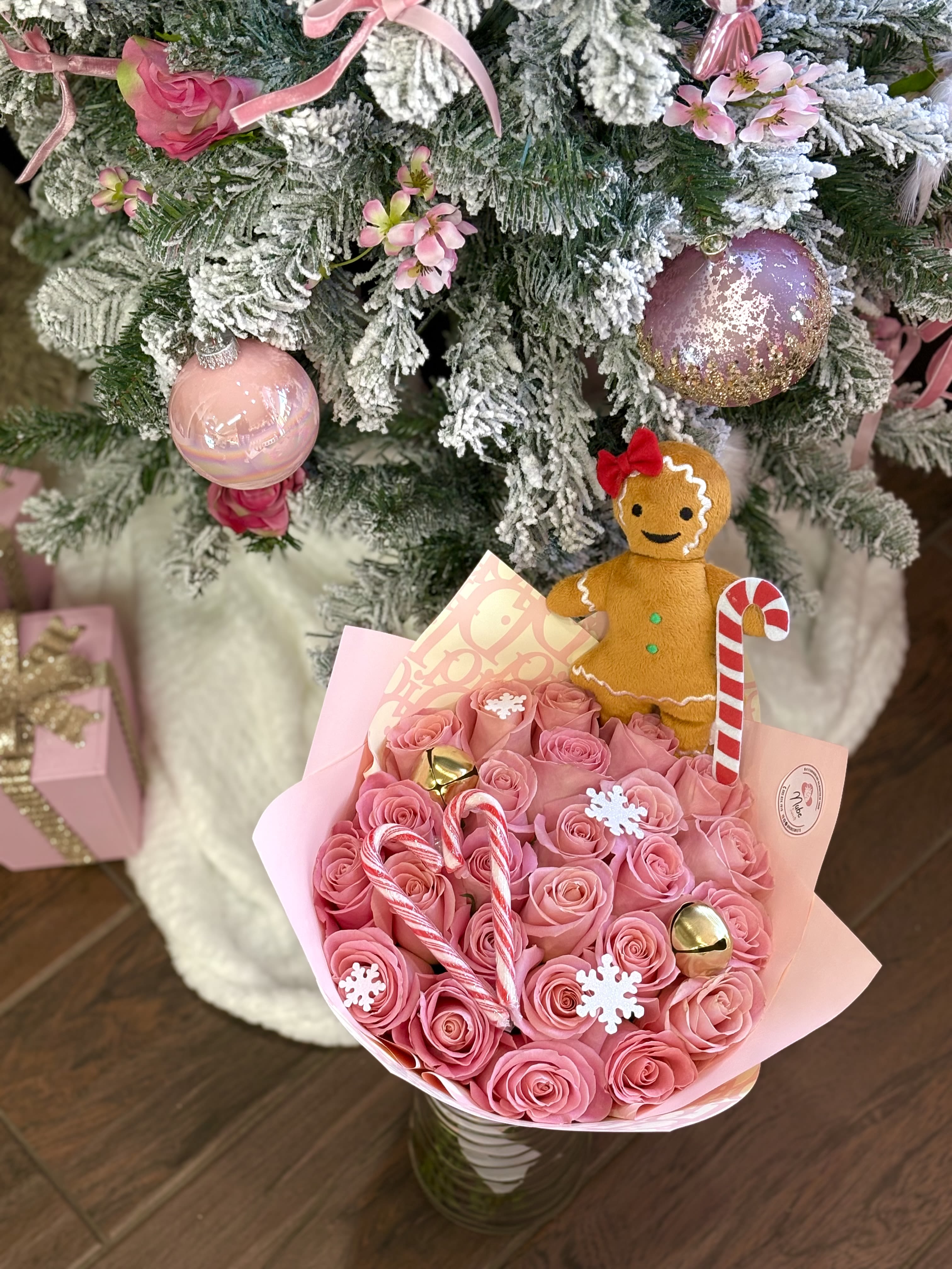 Christmas Bouquet  - Pink roses with Christmas decoration 