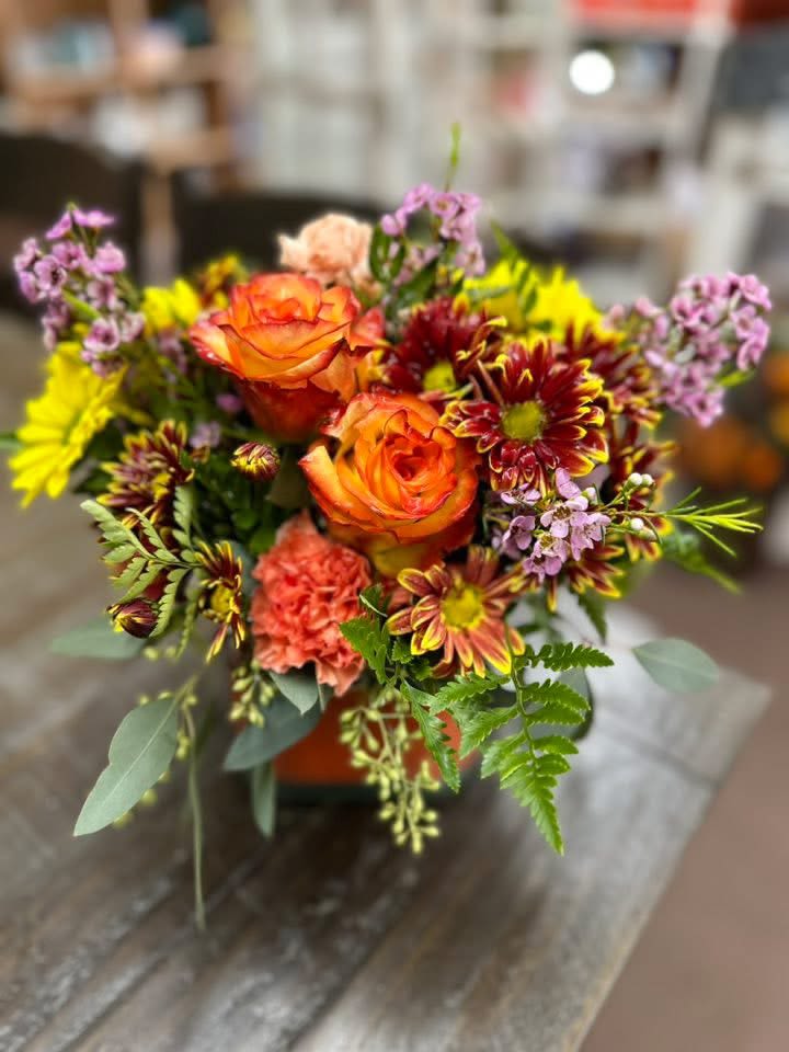 Fabulously Fall - Yellow roses with red tips, mixed carnations and mixed daisies Yellows, Oranges, Purple/Burgundy, and Reds