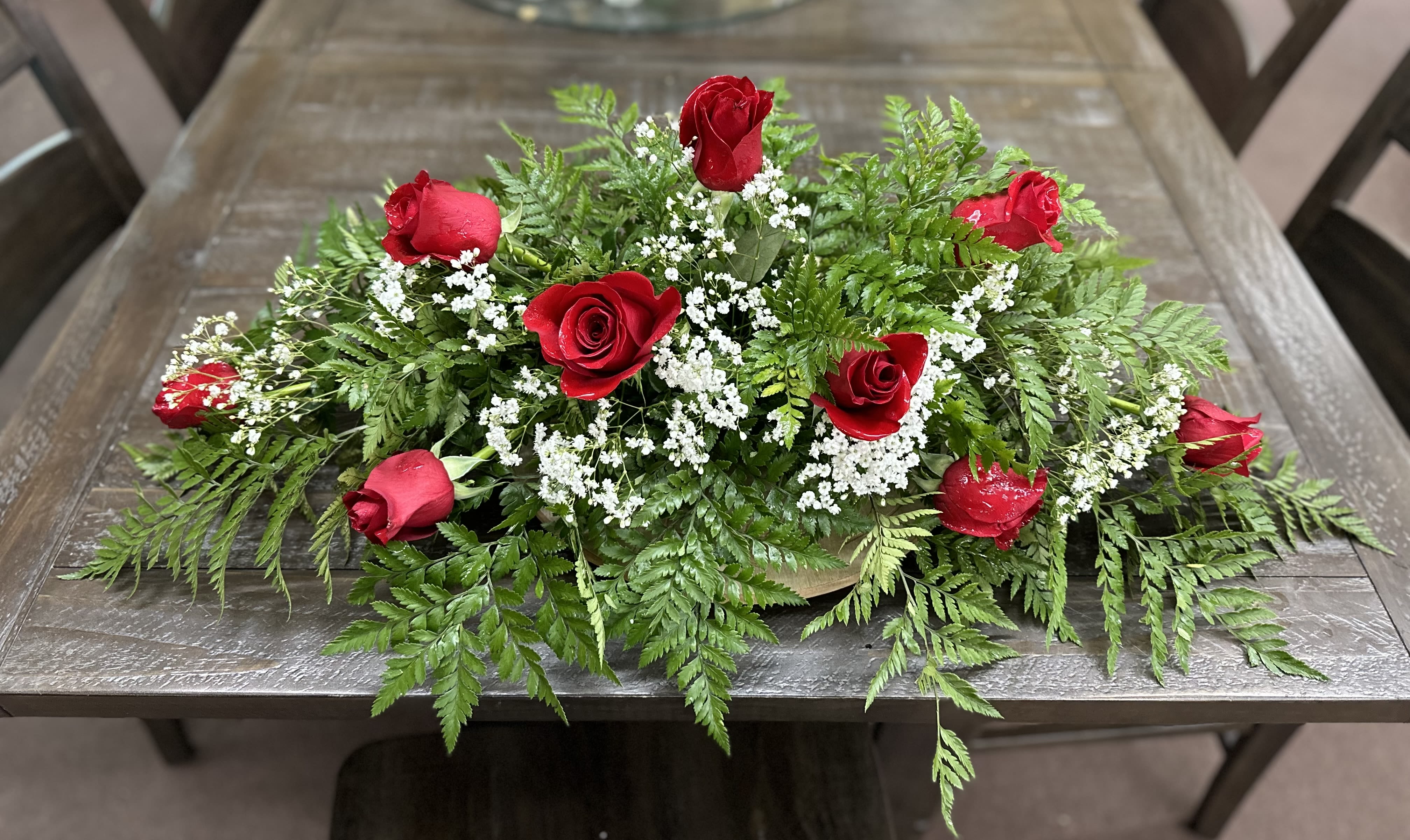 Radiant Red Roses  - Red rose front facing and flat good for mantle, display, or grave (You can request different colored roses)
