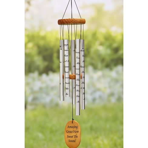 Amazing Grace Memorial, Wind Chime - Create a soothing sentiment to your patriotic soul and to your home's outdoor décor with this breeze catching wind chime that has an Americana sentiment. Inscribed on the wooden hanging wind catcher is the phrase "Amazing Grace, How Sweet the Sound" which strikes the chimes as it blows in the wind. It creates a rich, melodious sound in the spring breeze and has an attractive finish that looks great hanging in your garden or dangling on the porch. Aluminum, wood and cotton. 4-1/2" dia. x 33"H.