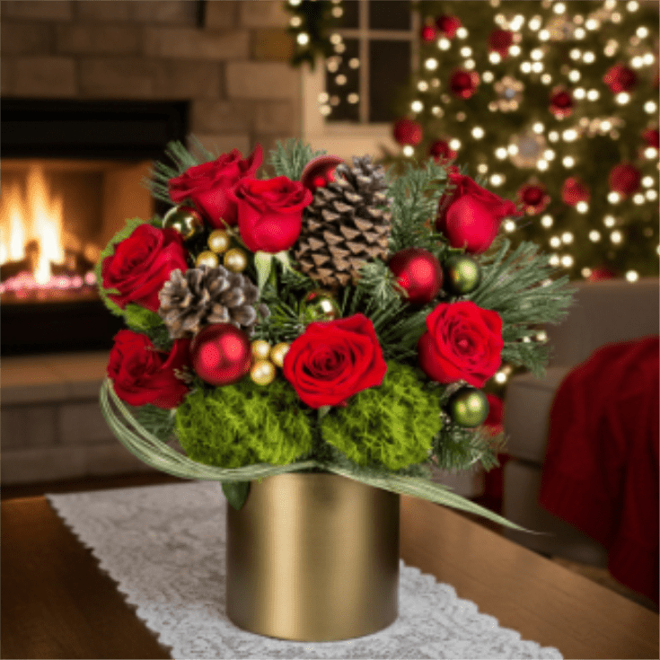 Gilded Ruby Holiday Bloom - Infuse your home with the joyous spirit of the season with our Gilded Ruby Holiday Bloom. This opulent and compact arrangement is a celebration of classic Christmas colors and luxurious textures, making it an exquisite centerpiece for your coffee table, a welcoming accent on an entryway console, or a sophisticated gift.
