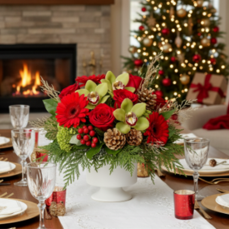 Holiday Grandeur Pedestal - Bring the elegance of a festive winter banquet to your home with the Holiday Grandeur Pedestal. This elevated centerpiece commands attention, featuring a rich tapestry of Christmas red and lime green blooms set against fragrant evergreens. It is designed to be the breathtaking focal point of a holiday dinner table, buffet, or formal entryway.