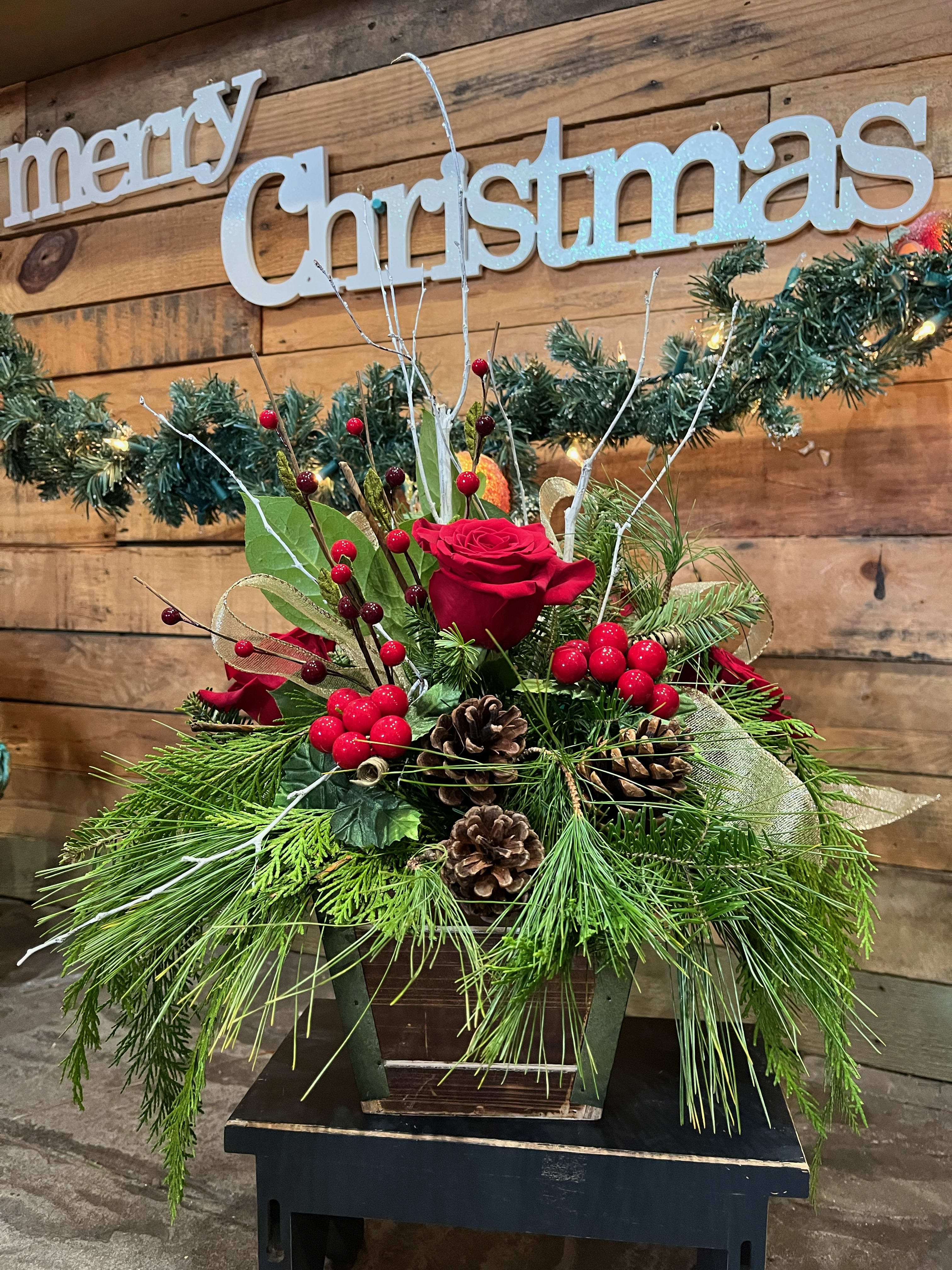 Winter Frost - A holiday arrangement of beautiful latin lady roses, mini green hydrangeas, and Christmas greens in a rustic  box. 
