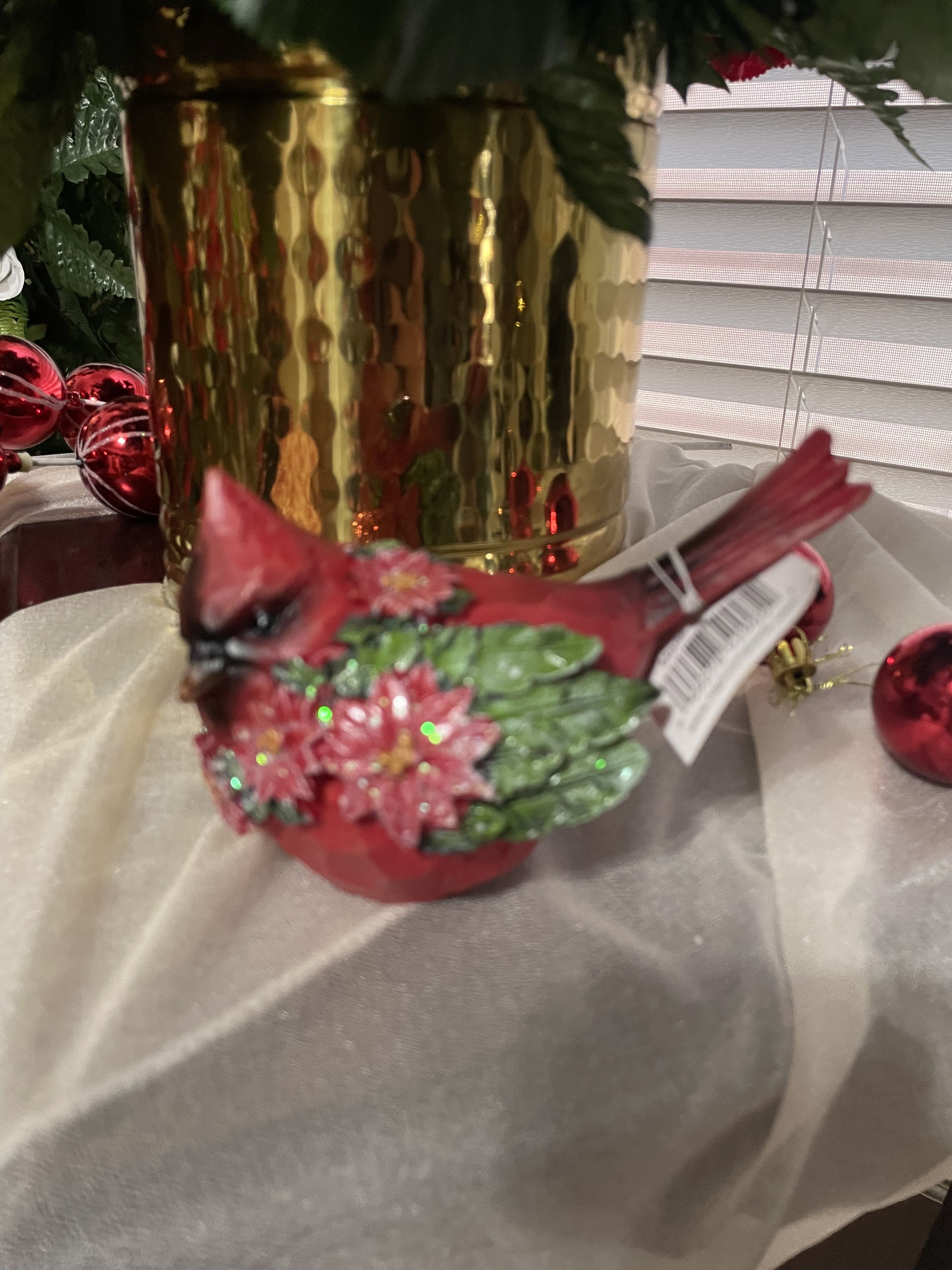 Christmas Cardinal Figurine - Sweet Cardinal with a Christmas wreath around his neck. A sweet festive gift. Wrapped for home delivery.