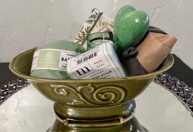 Relaxation Gift Set - Scented candle, bath bomb, shower bomb, lotion bar, Italian soap and glass heart. Tucked in a cute bath tub caddy.