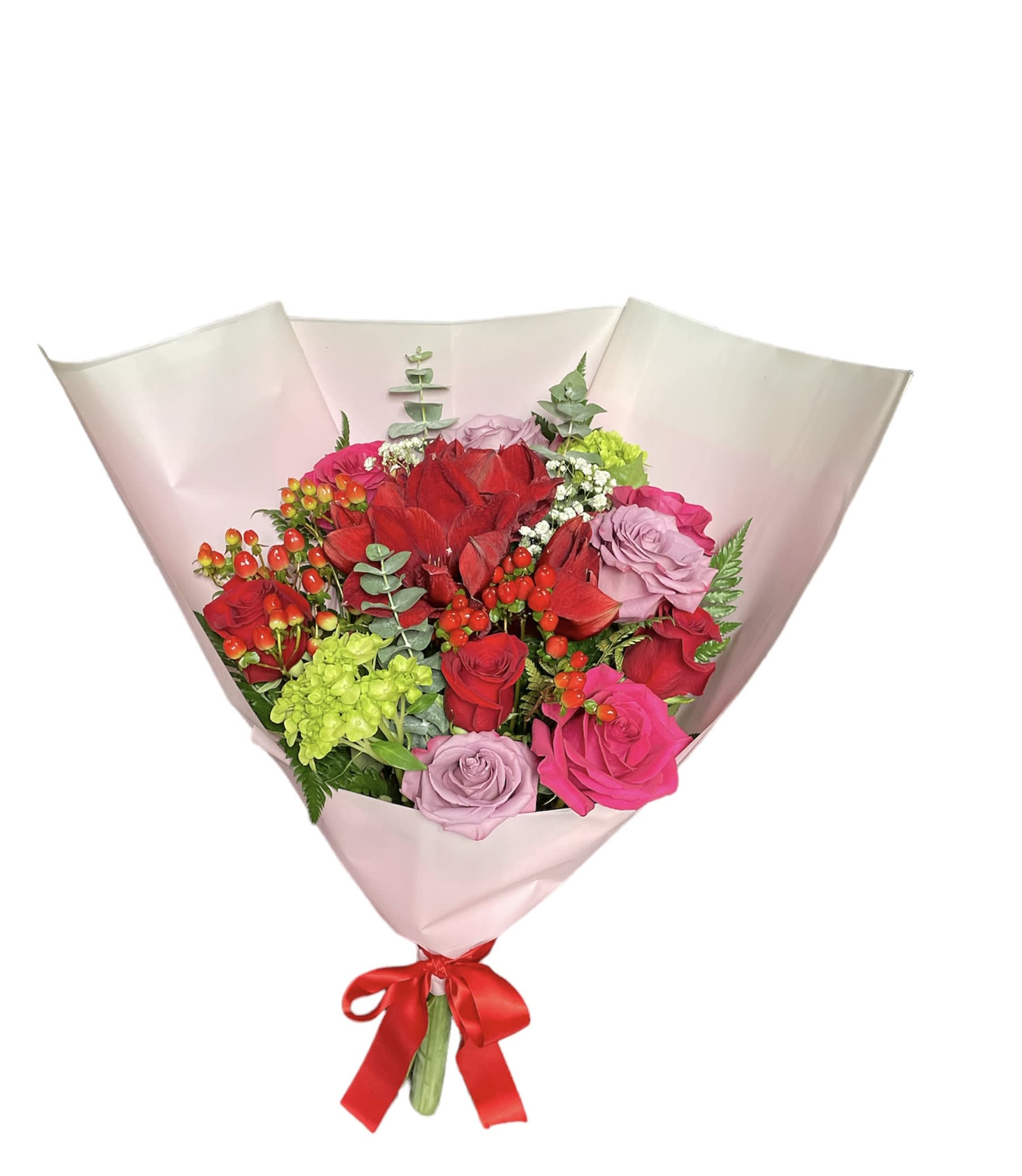Charly - A beautiful hand bouquet with amaryllis, mix roses and hydrangeas perfect for that special person 