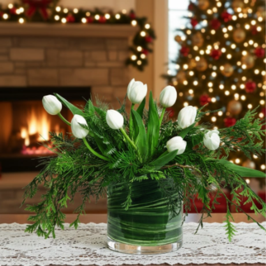 Winter White Tulip Retreat - The Winter White Tulip Retreat is a sophisticated, non-traditional centerpiece that offers a refreshing, contemporary look while maintaining the comforting aroma of the holidays. Its sleek design makes it perfect for a modern dining room table or coffee table