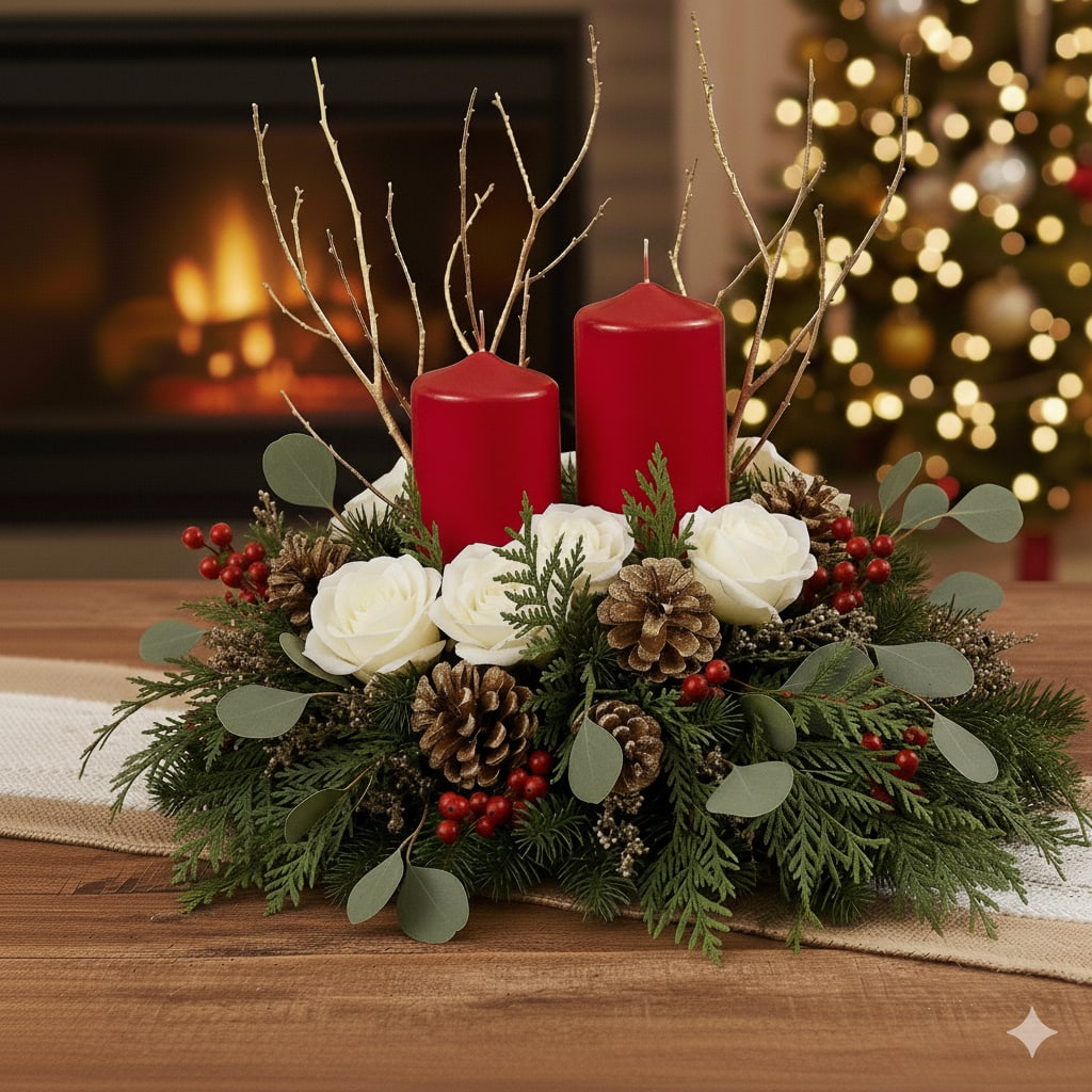 Twin Fireside Glow Centerpiece - Set a mood of warmth and holiday romance with the Twin Fireside Glow Centerpiece. This classic, low-profile arrangement features two elegant red candles, creating a welcoming and intimate atmosphere perfect for your dining table, coffee table, or mantel. It's an instant holiday classic! Search keywords: Christmas candle centerpiece, red and white holiday floral, twin pillar candles, classic Christmas flowers, festive table decor.   Design &amp; Contents This arrangement beautifully blends traditional holiday elements for a sophisticated look:  The Candles: Two rich crimson red pillar candles stand side-by-side, ready to cast a warm, festive glow.  Lush Evergreens: A substantial base of fresh, aromatic mixed evergreens (such as cedar and pine) creates a full, natural look that fills the air with the scent of Christmas.  Classic Blooms: Elegant creamy white roses are nestled among the greens, offering a striking contrast to the red candles and berries.  Rustic &amp; Modern Accents: