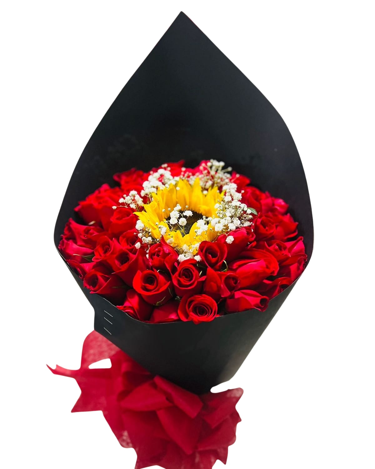 Cono De Amor  - hermoso buquet de 24 rosas con 1 girasol en el centro 