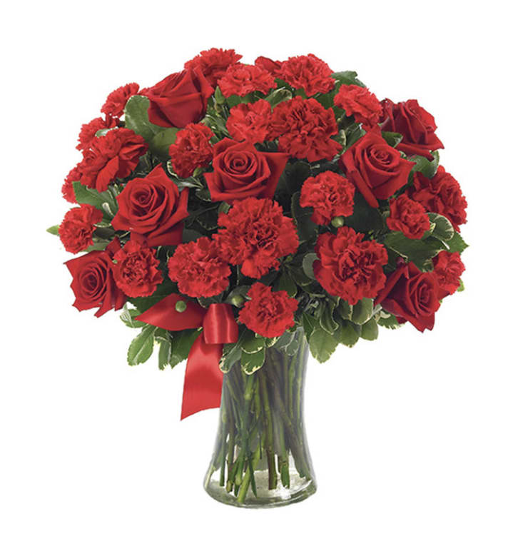 My Whole Heart - Recipe Details: Red Roses, Red Carnations, Red Mini Carnations, Variegated Pittosporum