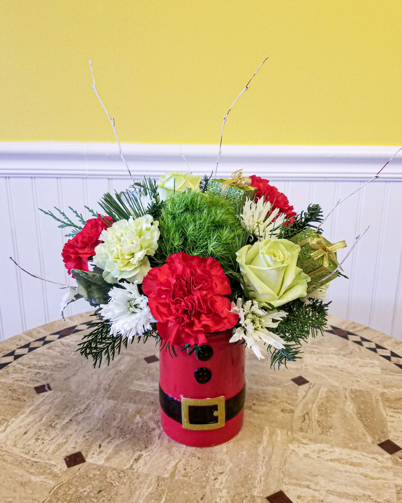 Merry &amp; Bright - Here come's Santa, right down Santa Clause Lane !  A ceramic vase designed as Sant's belly filled with seasonally classic colors.  You'll love this one!