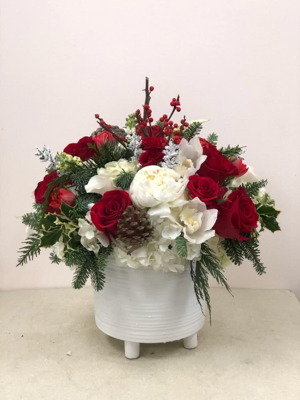 Celebrate Christmas - peonies, roses, Christmas greens and pinecones