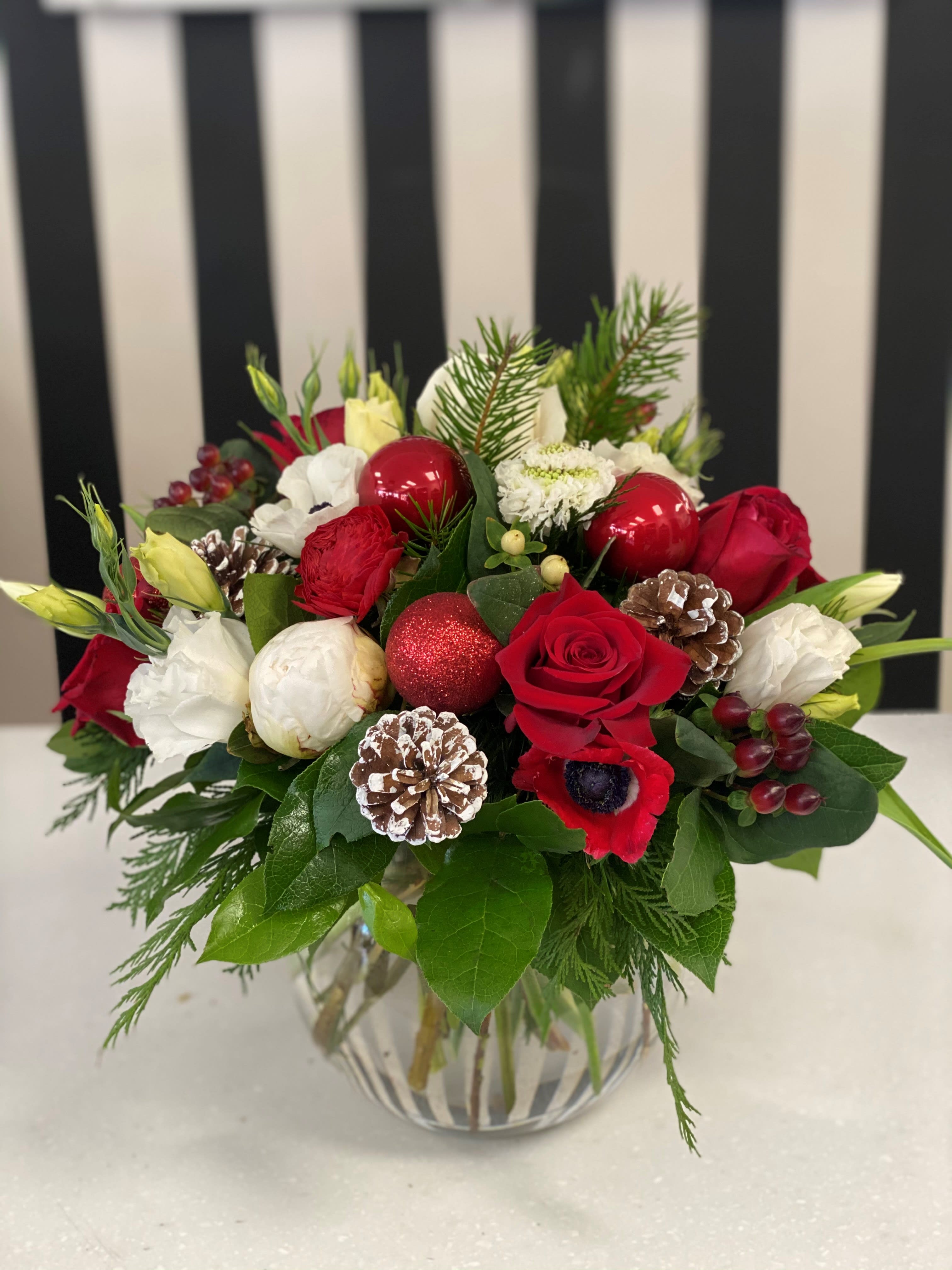 Christmas Bubble Bowl - Christmas greens, ranunculas, anemones, roses, peonies pinecones, ornaments and tulips