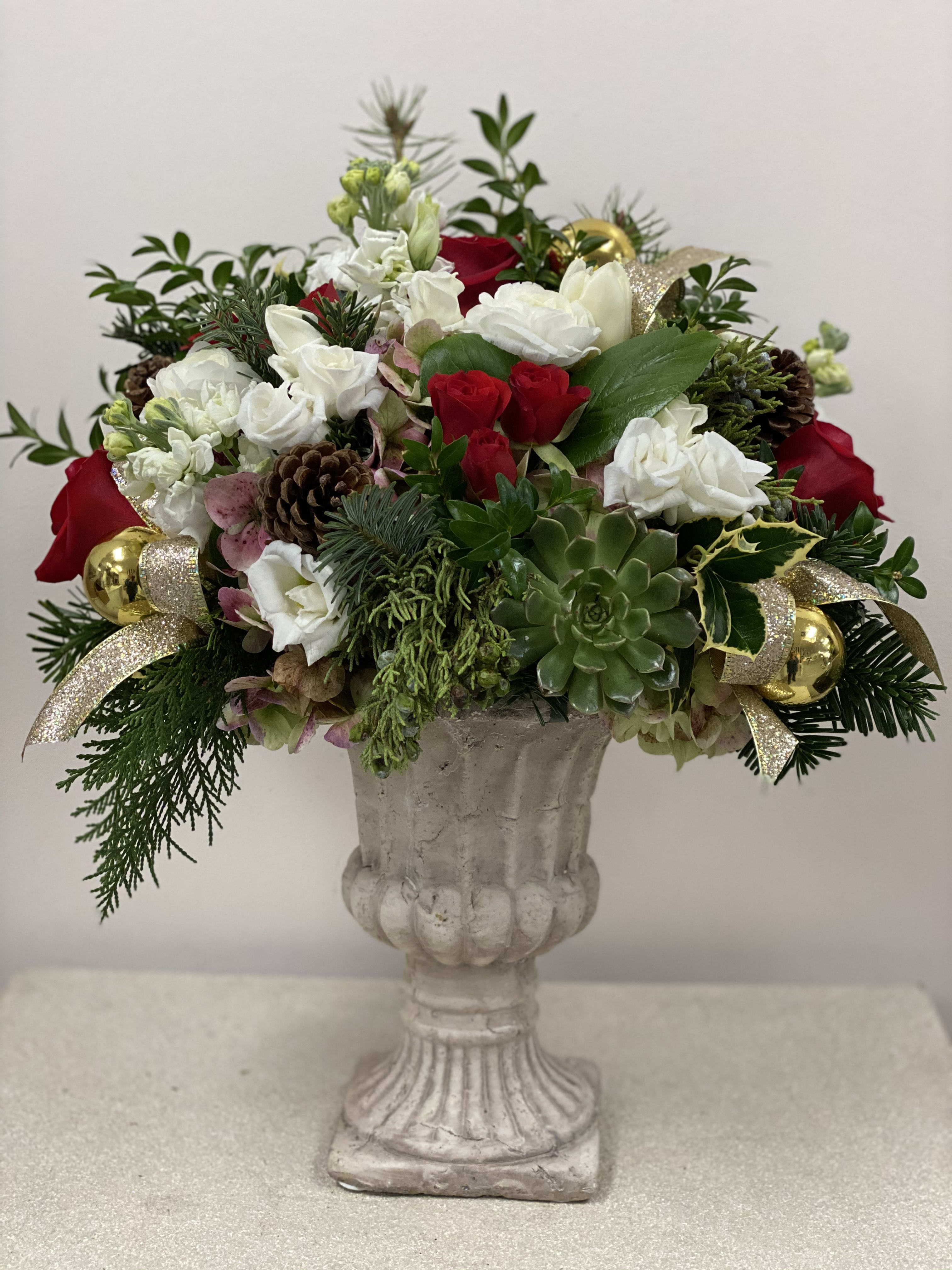 Christmas Traditions - Christmas greens, roses, spray roses, succulents and pinecone