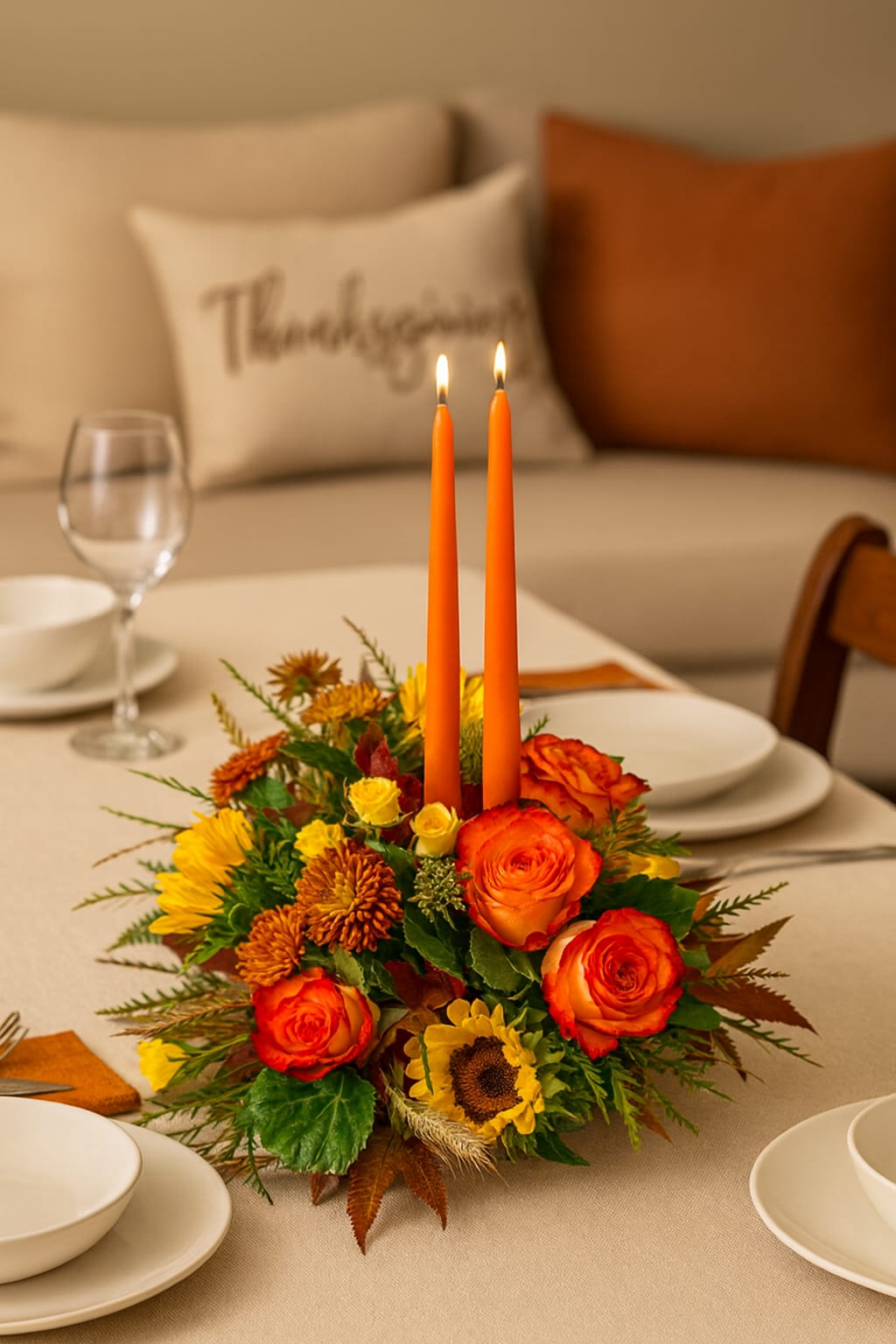 Harvest Glow Centerpiece - Warm, inviting, and full of seasonal charm — our Harvest Glow Centerpiece is the perfect finishing touch for your Thanksgiving table. Featuring rich autumn tones of orange, yellow, and gold, this arrangement combines roses, sunflowers, and seasonal blooms accented with fresh greenery and two elegant taper candles for a cozy, festive glow.  Each design is uniquely handcrafted by our florists to capture the spirit of fall. While the exact flowers may vary based on availability, your centerpiece will always showcase the same warm, harvest-inspired aesthetic — perfect for family gatherings, dinner parties, or sending gratitude to loved ones.  Perfect for: Thanksgiving dinners, fall celebrations, or as a thoughtful seasonal gift. Approximate size: 18&quot; H x 10&quot; L