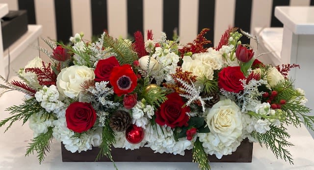 Deck The Halls - Long and low, red and white beautiful Christmas arrangement.