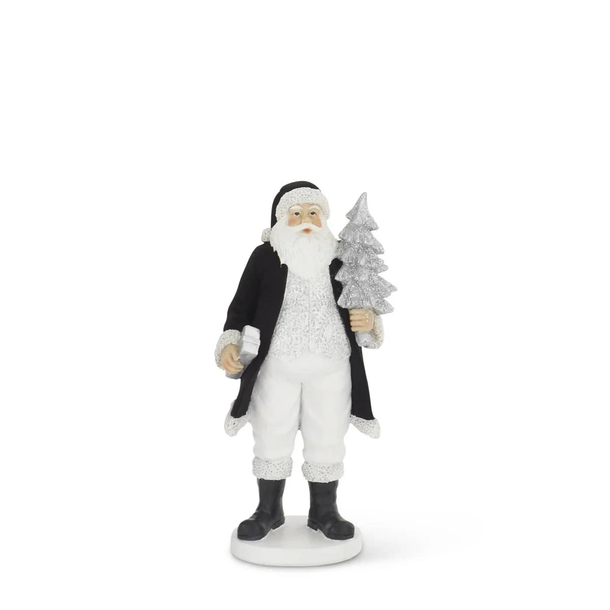 Black Velvet Santa Figurine - Bring a touch of modern holiday charm to your décor with this medium-sized black and white Santa figurine. Standing about 12 inches tall and 5.5 inches wide, each Santa features a soft velvet coat and is crafted from durable poly resin for long-lasting display.  Two designs are available, and customers may receive either style, each offering its own unique details. A stylish accent for mantles, shelves, or festive centerpieces.