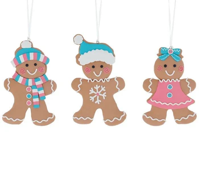 Clay Dough Gingerbread Ornament Trio - Add a sweet touch to your holiday décor with this set of three gingerbread clay dough ornaments. Each ornament features bright, cheerful details and a charming character design that brings a playful Christmas spirit to any tree.  The set includes all three styles shown. Each ornament measures approximately 5 inches tall and 3 inches wide, making them a delightful addition to any festive display.