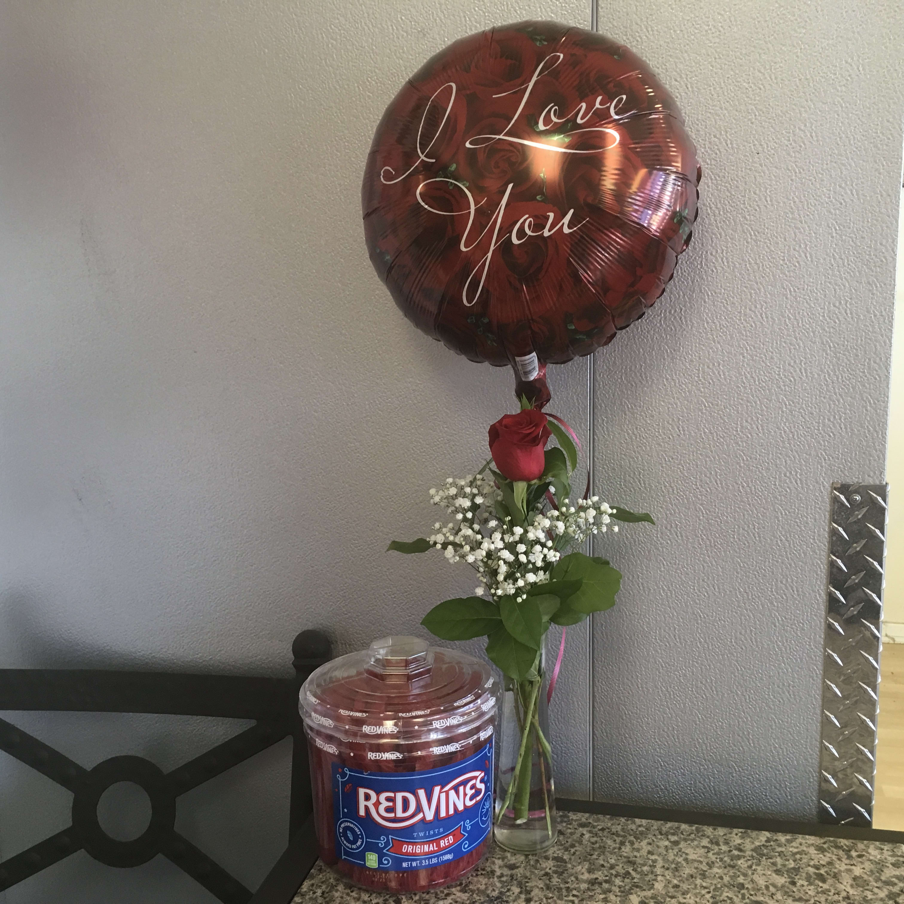 Red Rose, Vines &amp; Balloon - As shown w/ 4 POUND tub of red vines &amp; balloon