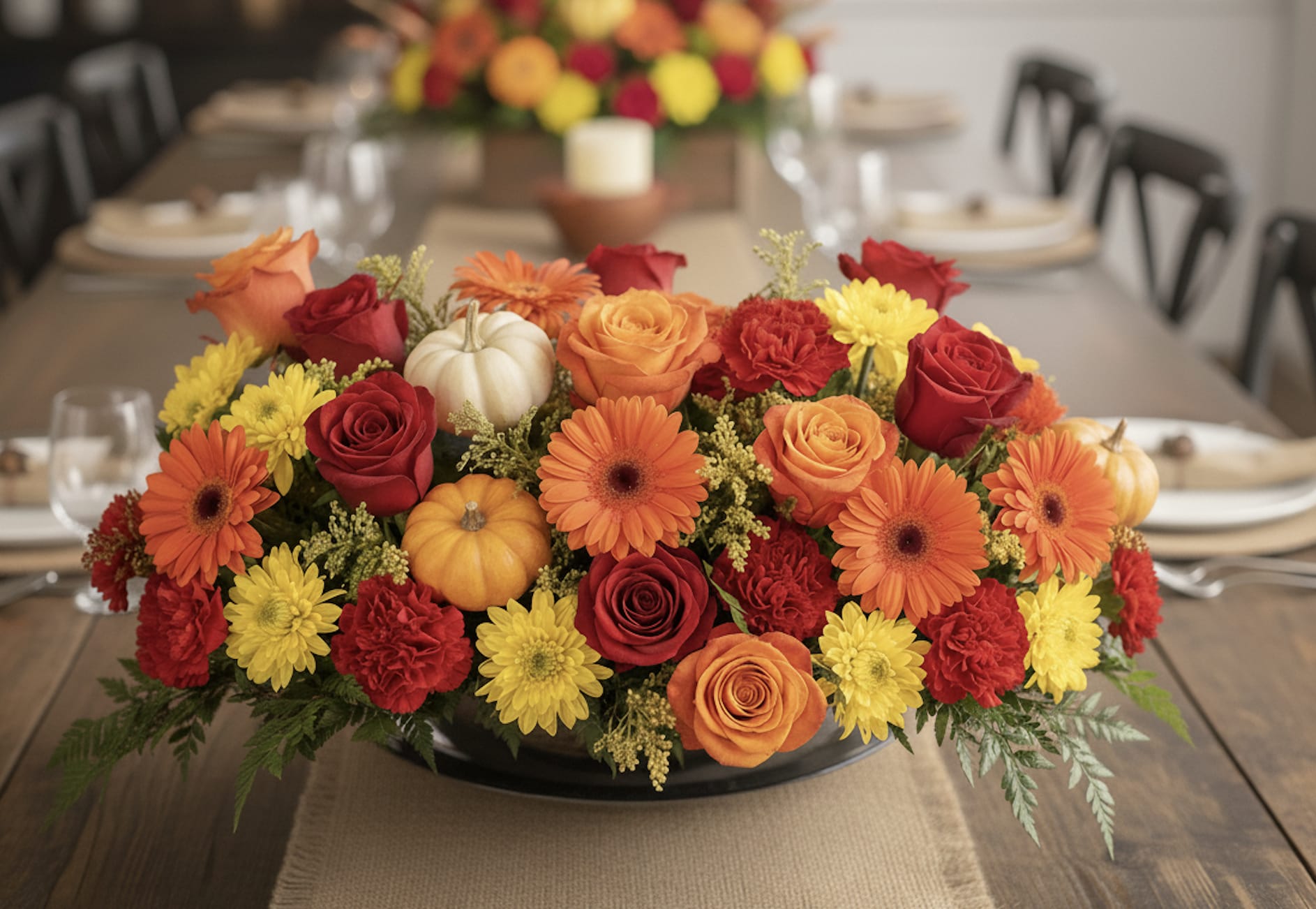 Thanksgiving Warmth - A stunning Thanksgiving centerpiece filled with vibrant roses, gerberas, and autumn blooms in shades of red, orange, and gold. Accented with miniature pumpkins and lush greenery, it brings warmth, gratitude, and the beauty of fall to your table. PREMIUM size is shown in the main picture. Glass Vases are NOT needed for arrangements originally sold in vases, in carton boxes, or ceramic pots. 