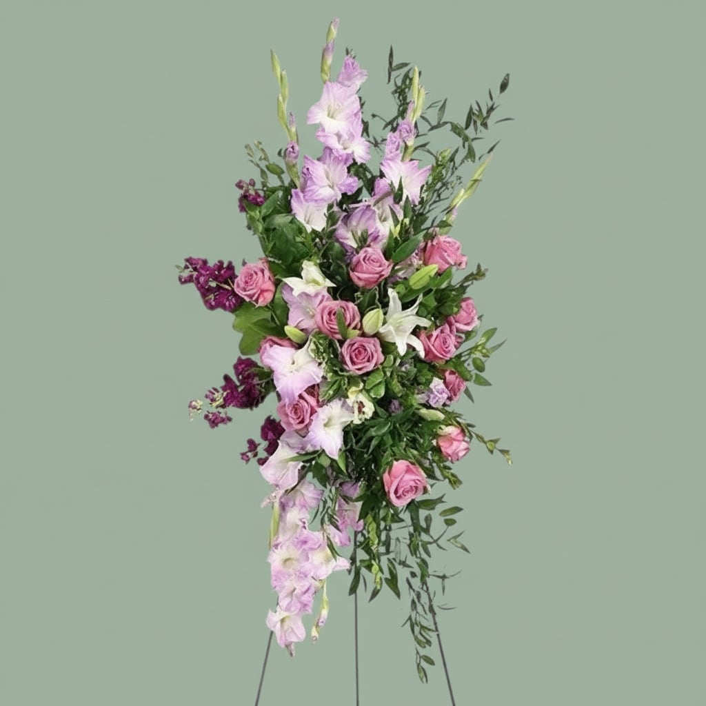 Garden Of Grace  - Honor a life of love and beauty with our Garden of Grace Spray. This standing tribute features a lush mix of soft lavender gladiolus, pink roses, stock, and white accent blooms, flowing naturally with garden-style greenery. Designed to express sympathy with softness and grace, it offers a peaceful presence at any memorial or funeral service.