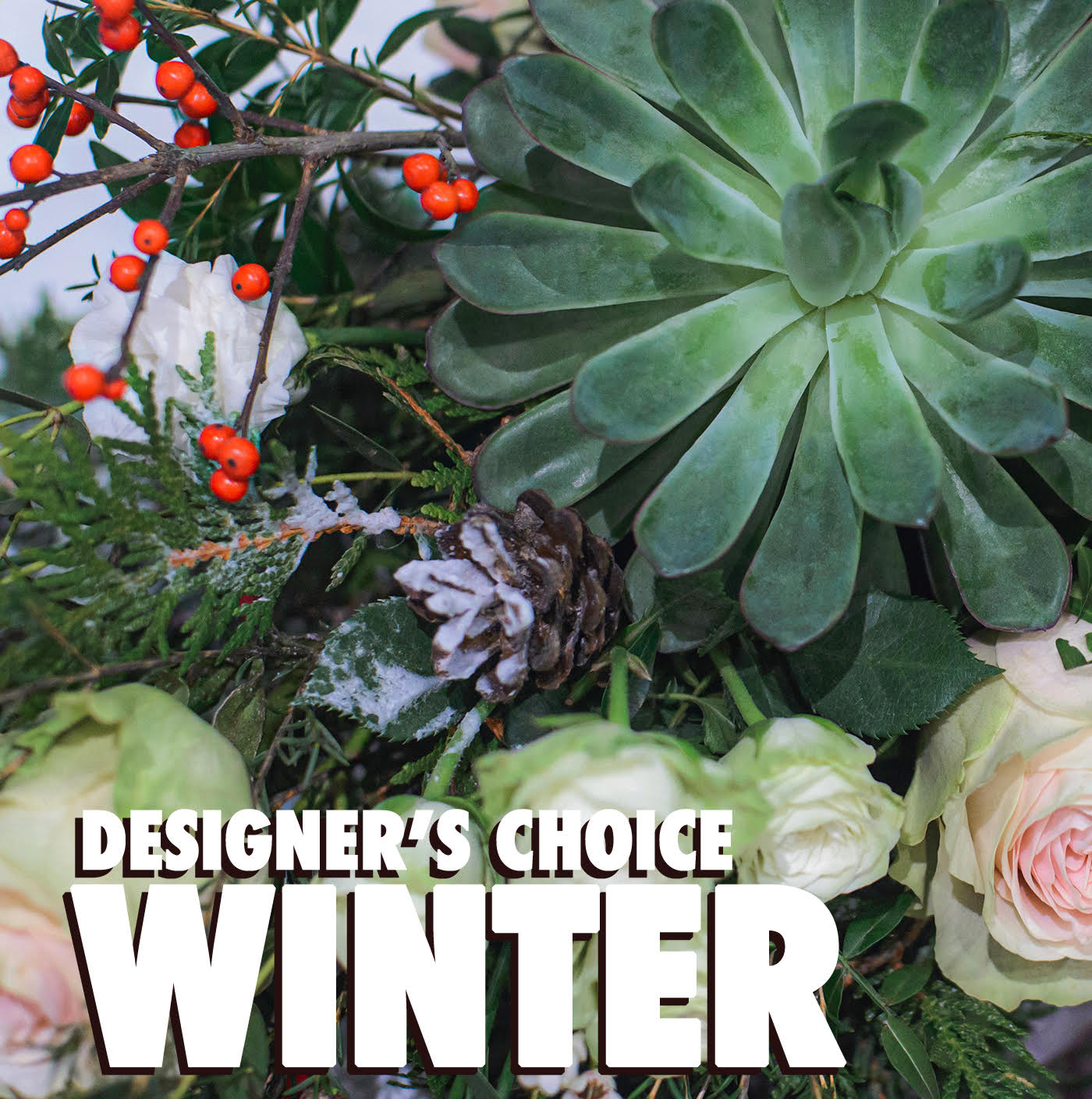 Designer's Choice Winter Vase Arrangement - Let our designers work their magic. Rich winter stems and colors are combined with generous texture that reflect the season-- arranged in a clear glass vase. Special requests are encouraged.