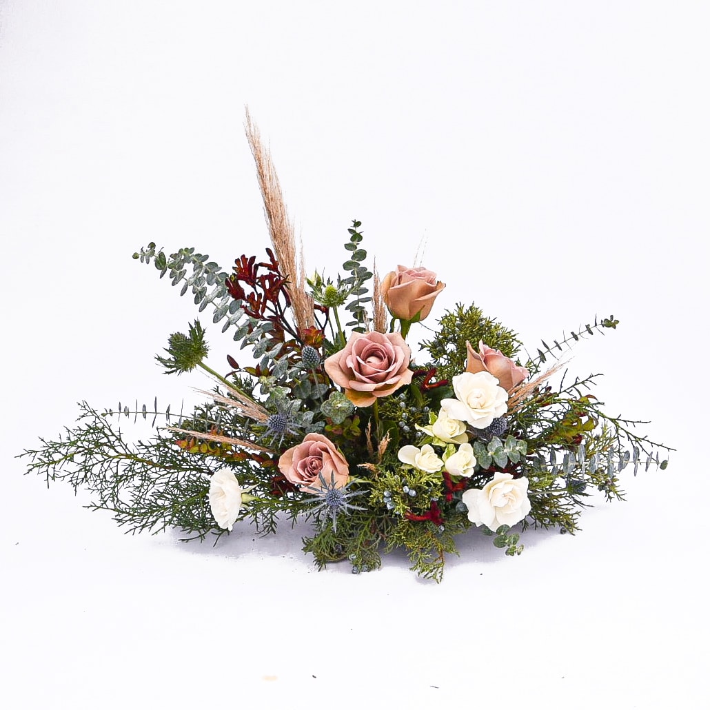 Jane Austen Centerpiece - Muted vintage mauve and taupe tones mixed with deep burgundy and sapphire accents remind us of a victorian romance. The perfect style to curl up by the fire and read a good book with.  Approximate size is 20&quot;W x 12&quot;H.