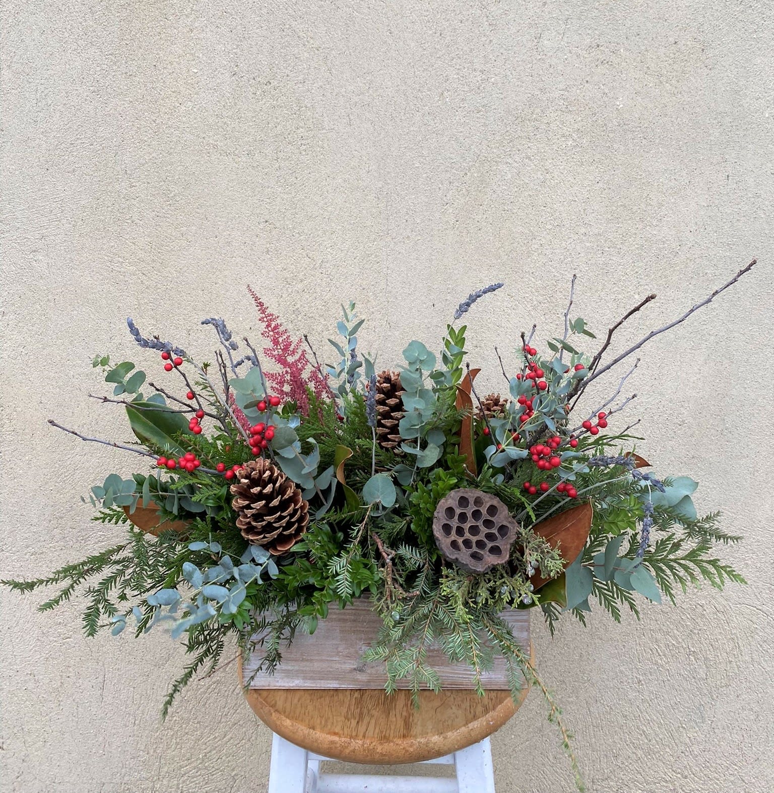 Natural Textures Centerpiece  - White 4x10&quot; rectangular planter with a long lasting assortment of foliage + evergreens, branches, berries, pods + pinecones. 