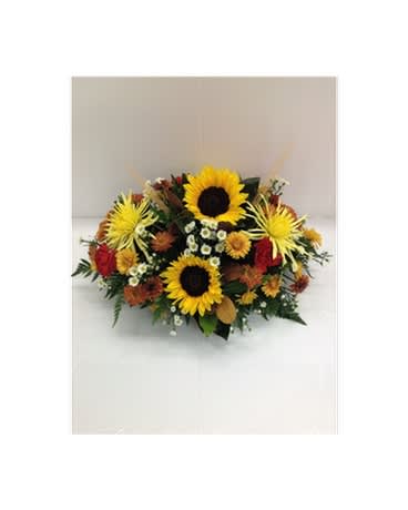 Sunflowers &amp; Mums Fall Centerpiece - This fall centerpiece is perfect for those who like fall, but don't want to over do it. Sunflowers, carnations, fall mums, monte casino, etc.  Flowers and colors may be substituted depending on availability and season.    FCF-C001